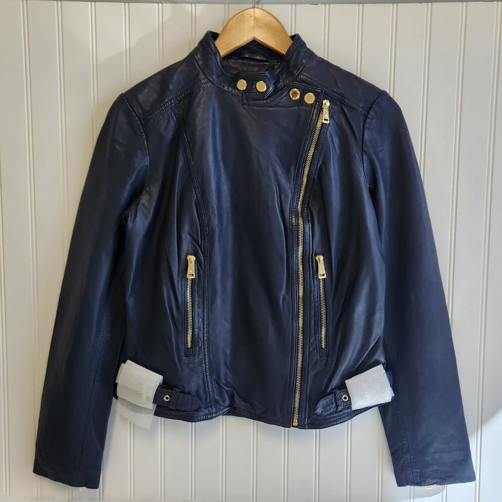 LAUREN Ralph Lauren Tumbled Leather Moto Jacket, Dark Navy - Picture 4 of 11
